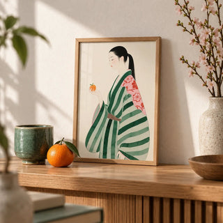 Unique Wall Art for Living Room, a small A4 framed print leaning on an oak shelf