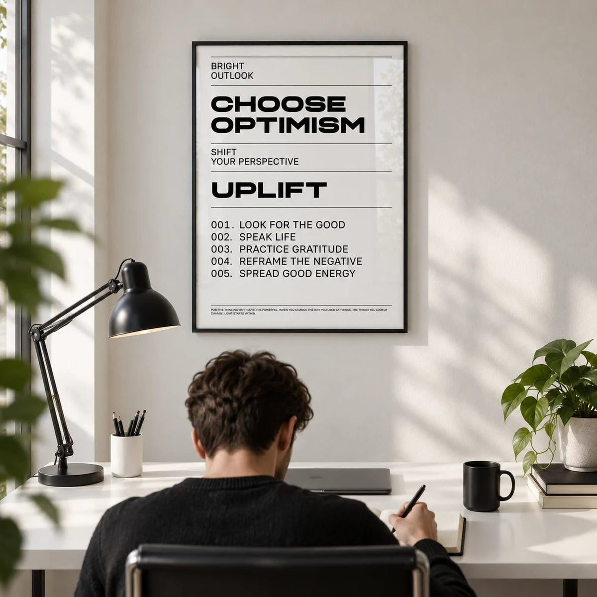 Uplifting Wall Art, framed on the wall of a crisp home office