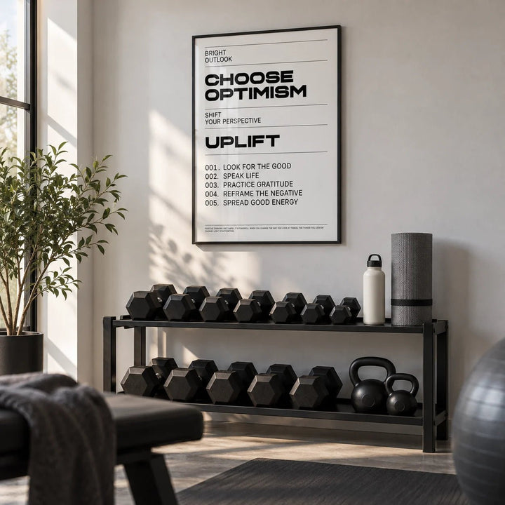 Uplifting Wall Art, framed on the wall of a home gym in a spare room