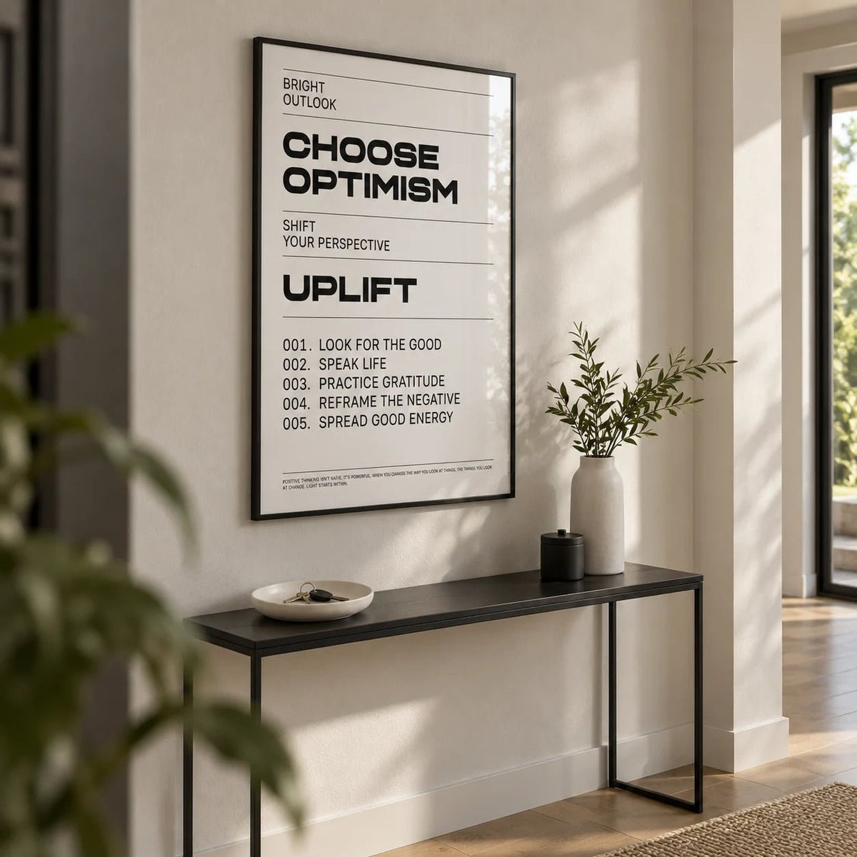 Uplifting Wall Art, framed on the wall of a modern hallway