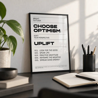Uplifting Wall Art, a small A4 framed print leaning on a black desk