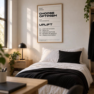 Uplifting Wall Art, framed on the wall of a university room for a 19 year old in a bedroom