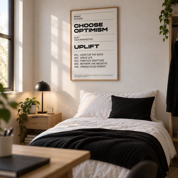 Uplifting Wall Art, framed on the wall of a university room for a 19 year old in a bedroom