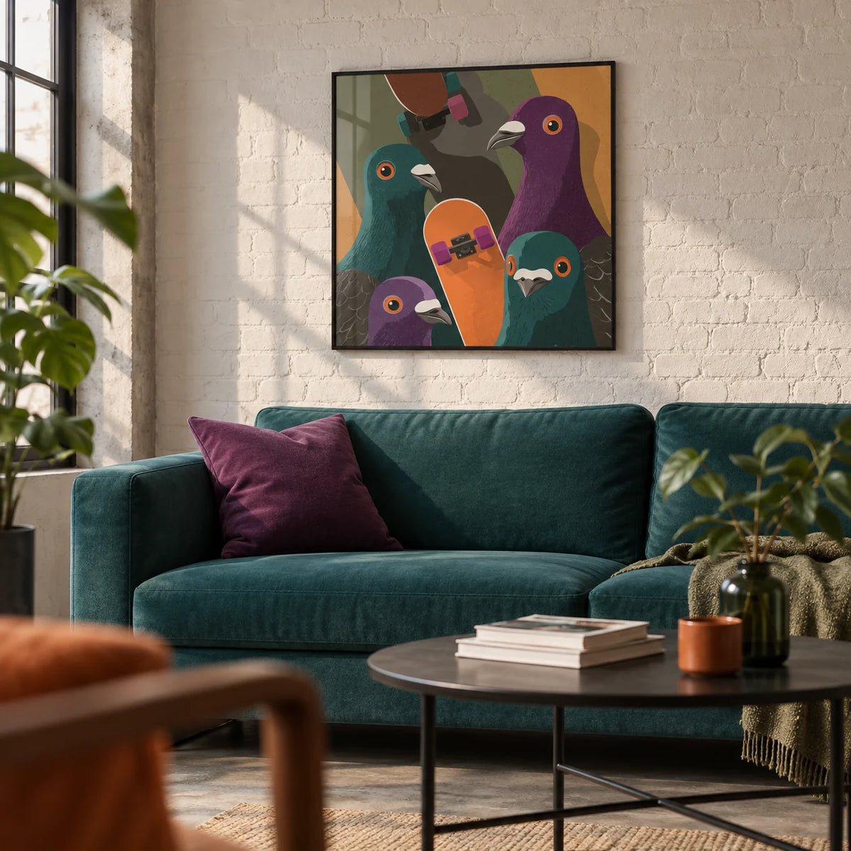 Urban Animal Art, framed on the wall of a first-flat living room (20-28) with white painted brick and a concrete floor