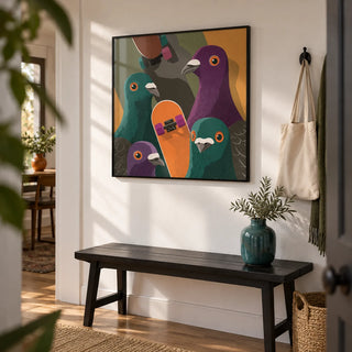 Urban Animal Art, framed on the wall of a modern flat hallway with a white wall
