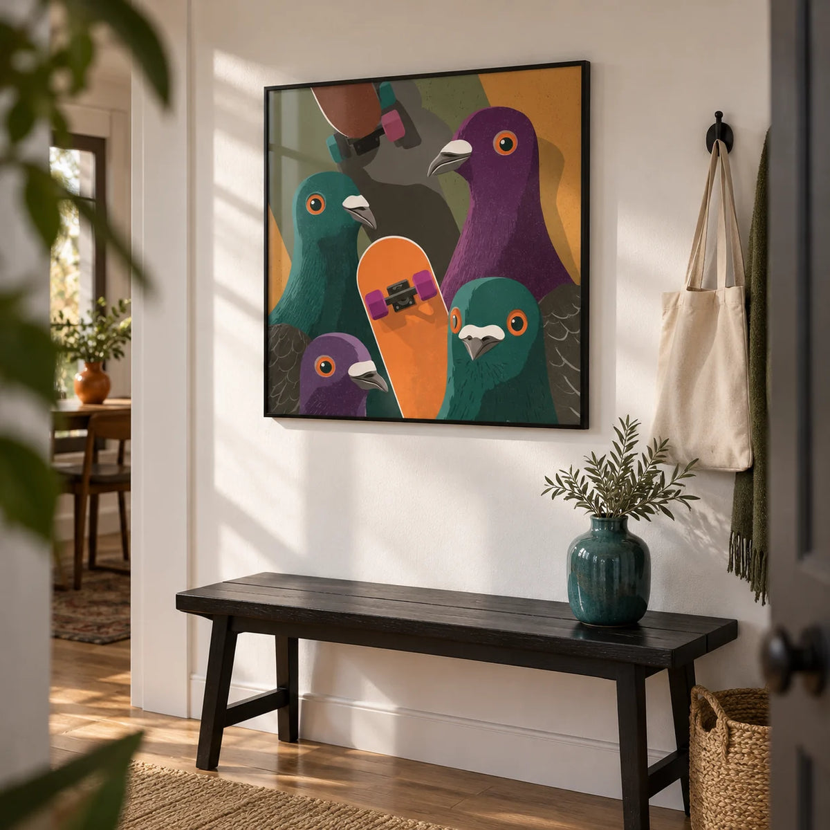 Urban Animal Art, framed on the wall of a modern flat hallway with a white wall
