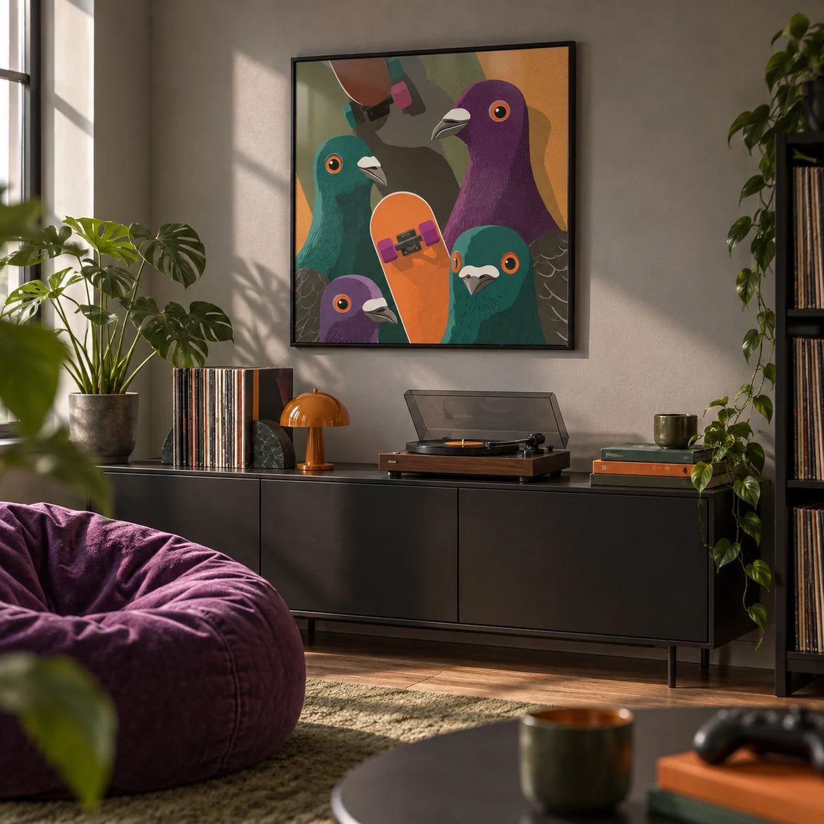 Urban Animal Art, framed on the wall of a relaxed games room with a grey wall in a living room