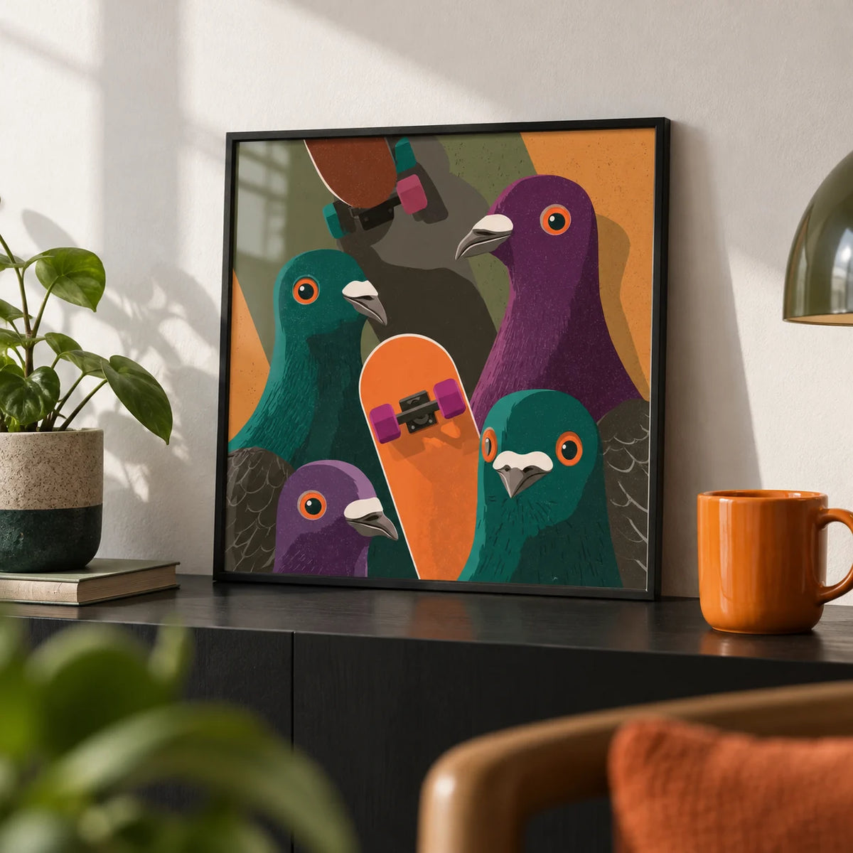 Urban Animal Art, a small A4 framed print leaning on a black shelf in a living room