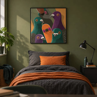 Urban Animal Art, framed on the wall of a stylish single bedroom for a teenage boy (14-17) with a plain olive green wall