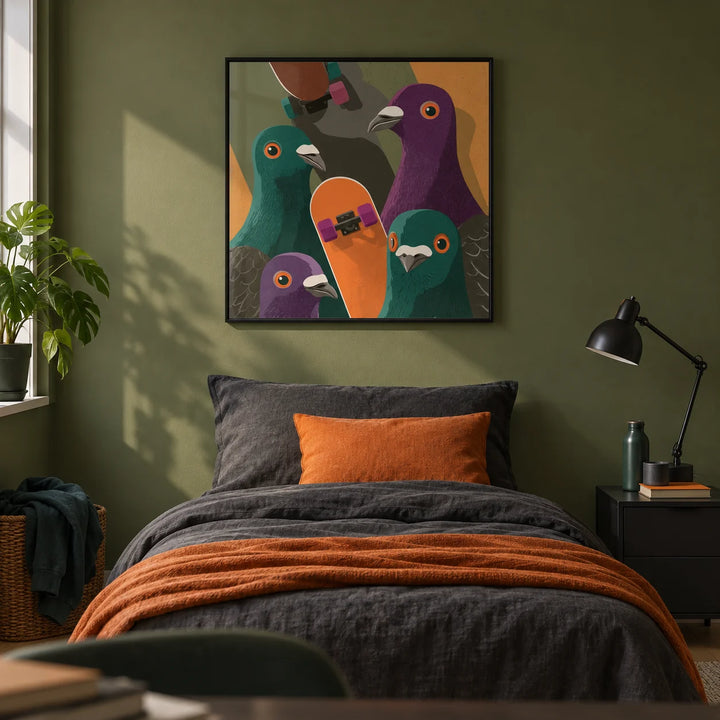 Urban Animal Art, framed on the wall of a stylish single bedroom for a teenage boy (14-17) with a plain olive green wall