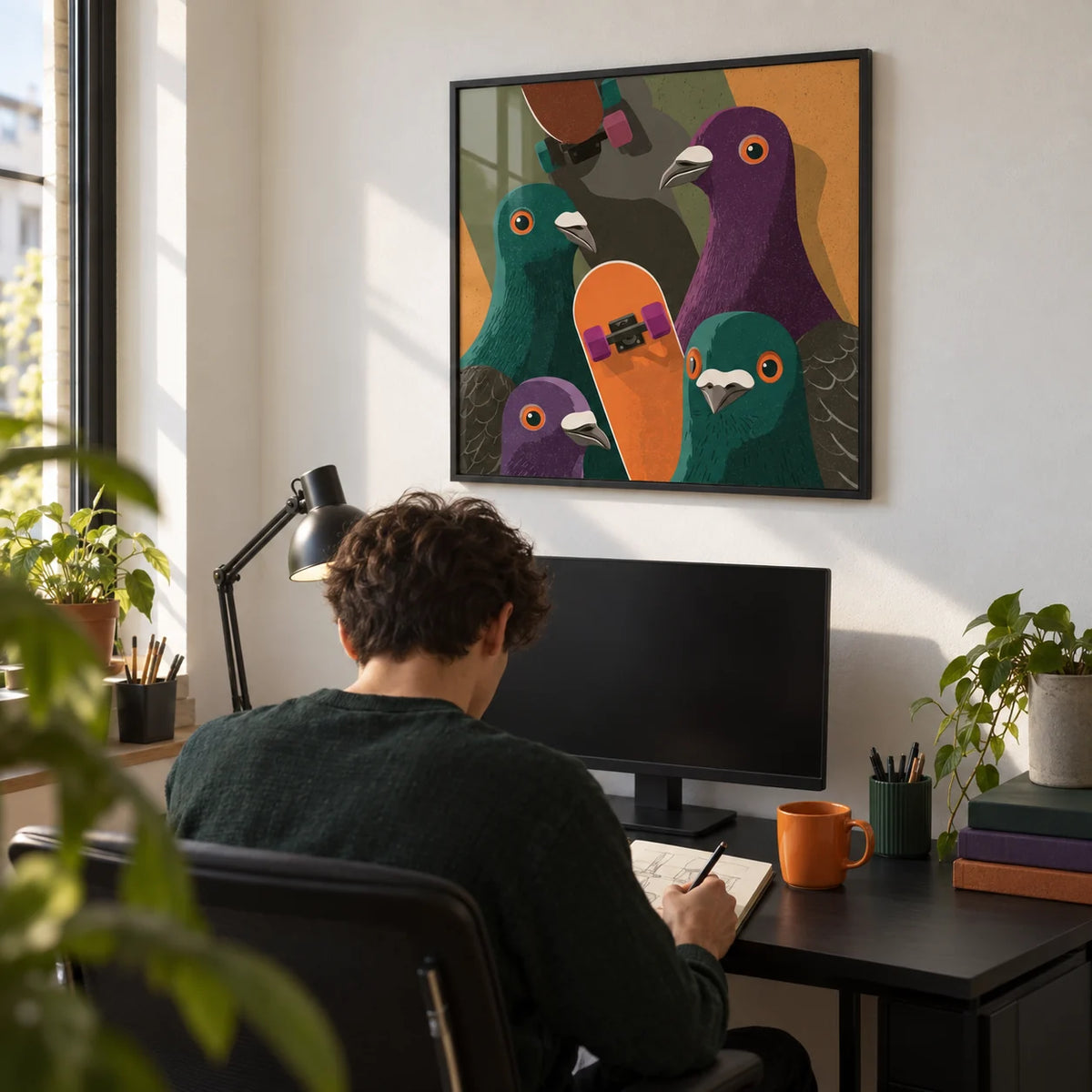 Urban Animal Art, framed on the wall of a young adult's desk corner (18-25) with a white wall