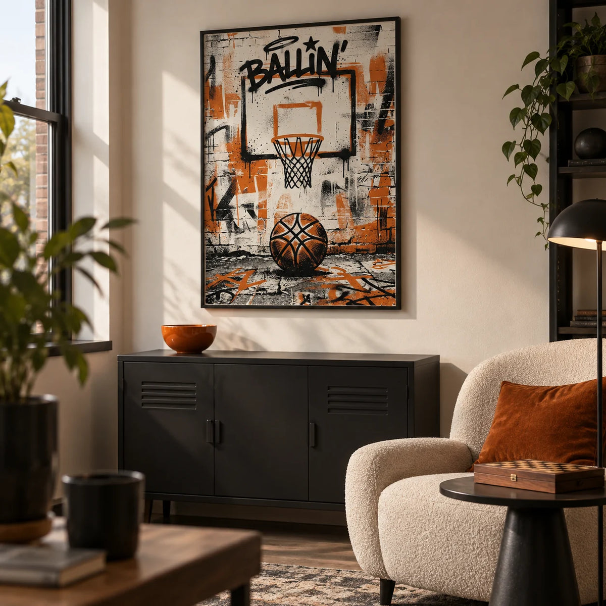Urban Basketball Print, framed on the wall of a compact games den in a UK maisonette in a living room