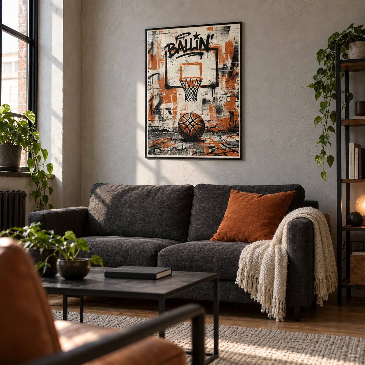 Urban Basketball Print, framed on the wall of a compact industrial-style living room in a young adult's first city flat (22-28)