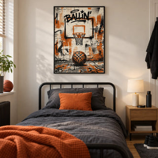 Urban Basketball Print, framed on the wall of a modern basketball-loving teenager's single bedroom (13-17) in a UK terraced house