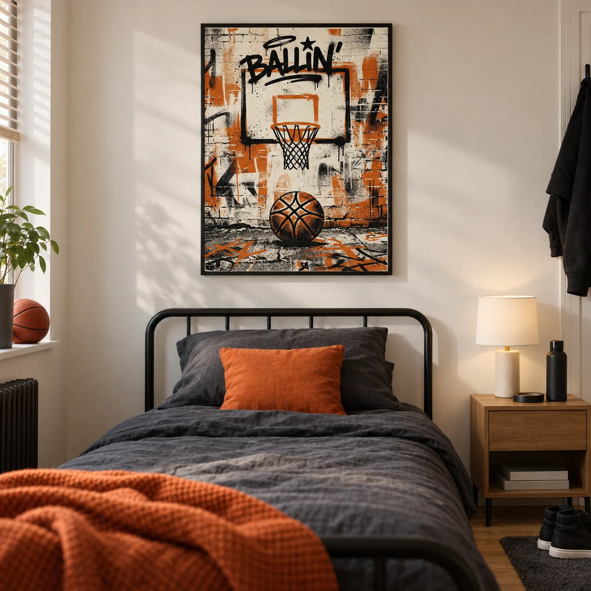 Urban Basketball Print, framed on the wall of a modern basketball-loving teenager's single bedroom (13-17) in a UK terraced house