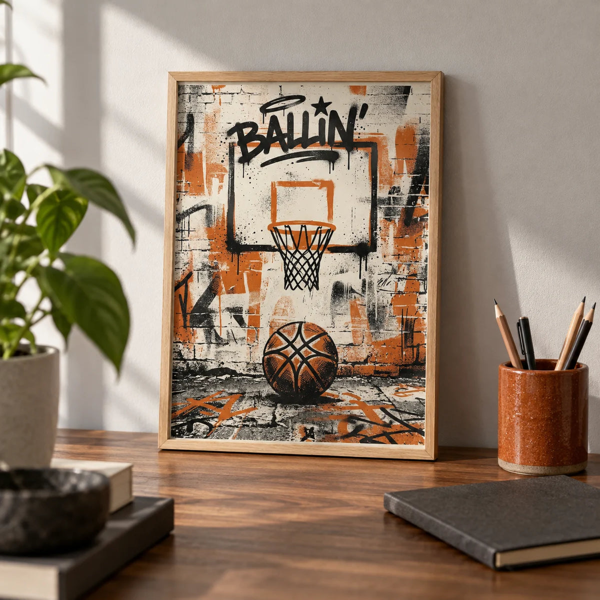 Urban Basketball Print, a small A4 framed print leaning on a walnut desk