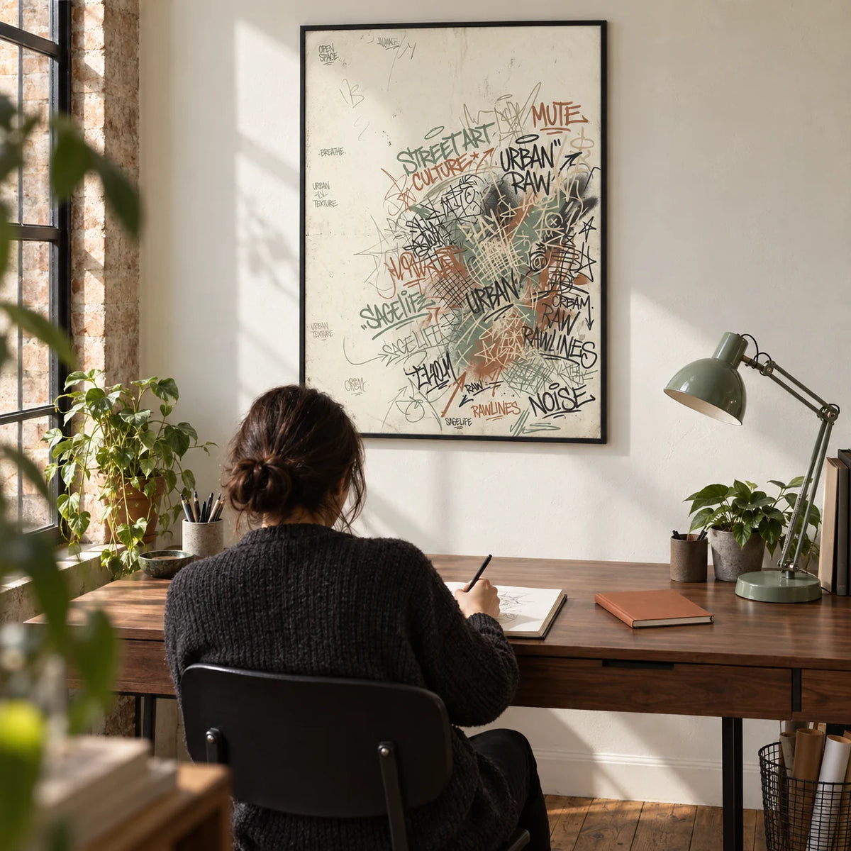 Urban Street Art Print, framed on the wall of a compact creative home office in a converted UK warehouse flat with an ivory wall and exposed timber floor