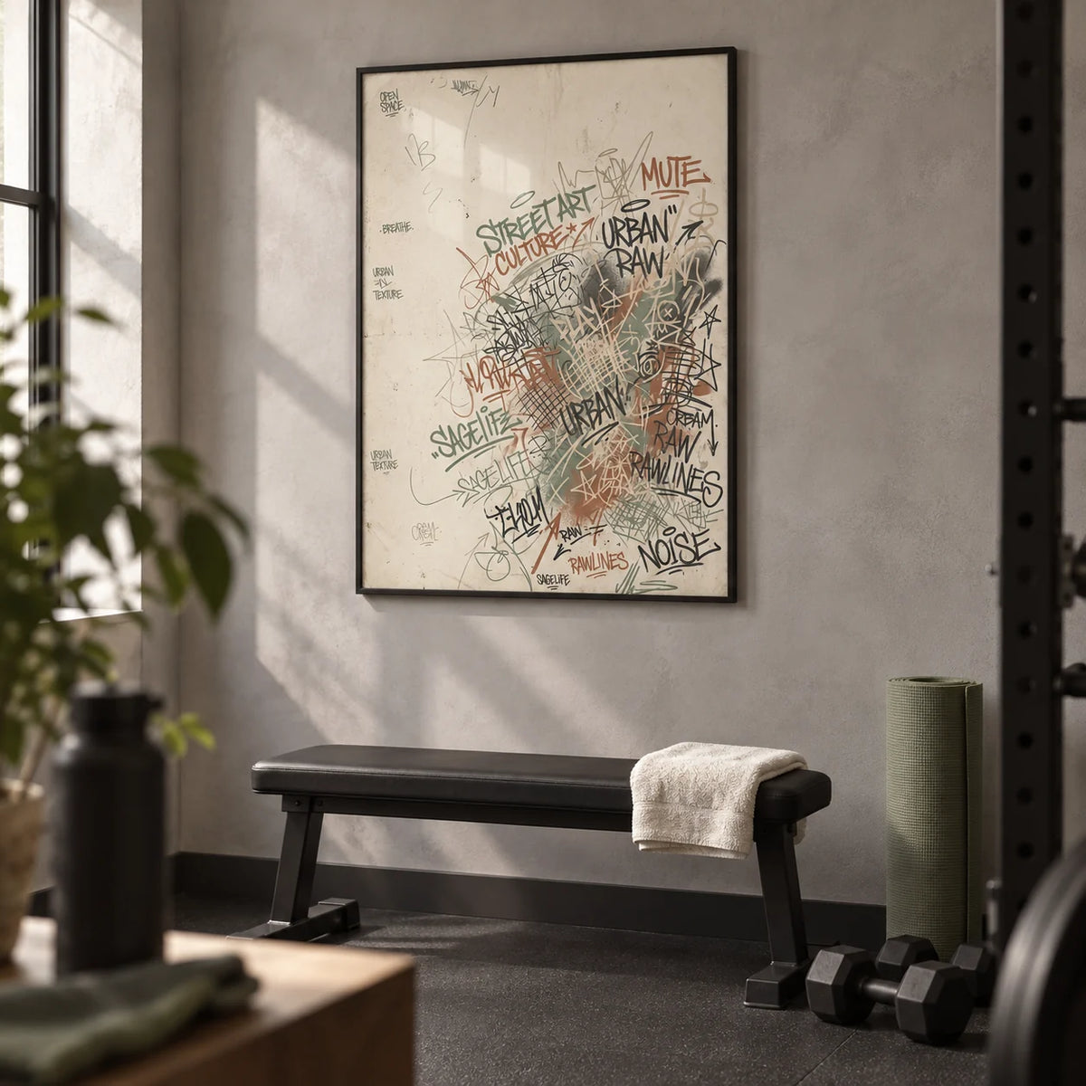 Urban Street Art Print, framed on the wall of a compact home gym in a UK townhouse with a light grey plaster wall and plain charcoal rubber flooring