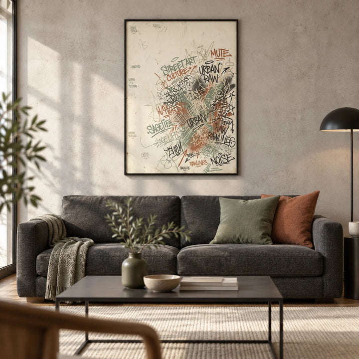 Urban Street Art Print, framed on the wall of a modern living room in a UK city flat with a pale concrete-effect wall and warm oak floor