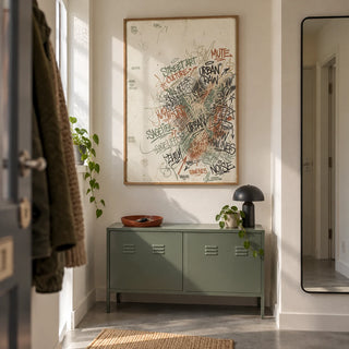Urban Street Art Print, framed on the wall of a narrow entrance hallway in a young adult's UK first flat (22-30)