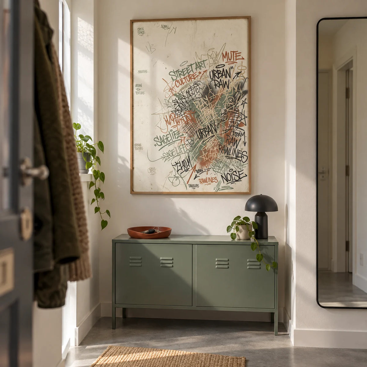 Urban Street Art Print, framed on the wall of a narrow entrance hallway in a young adult's UK first flat (22-30)