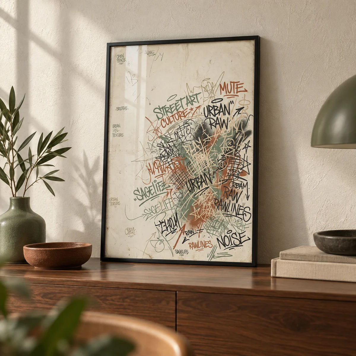 Urban Street Art Print, a small A4 framed print leaning on a walnut sideboard in a living room