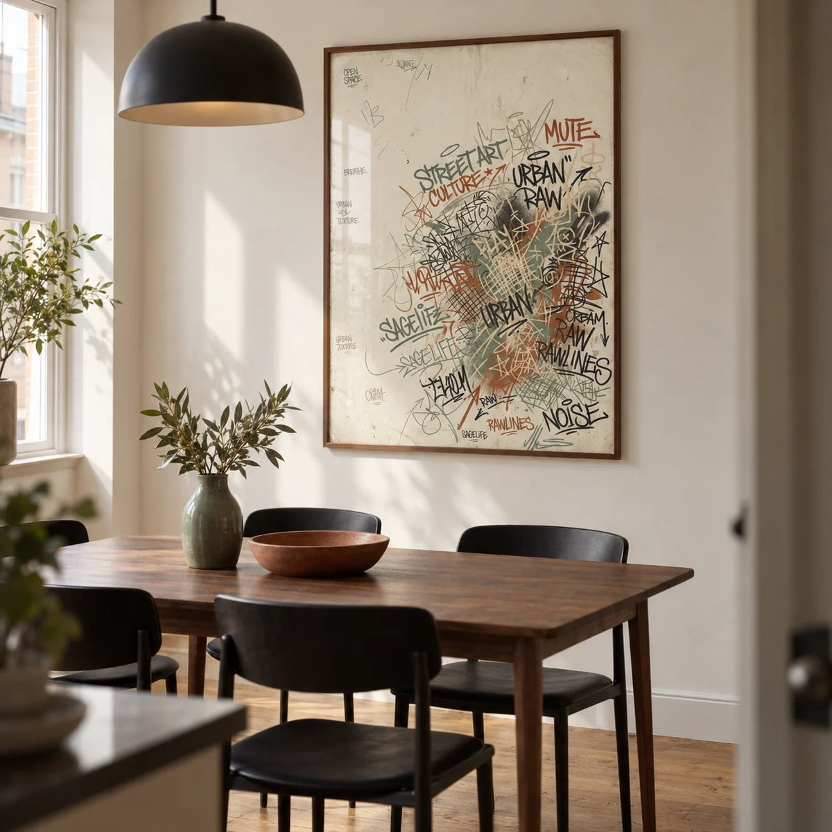 Urban Street Art Print, framed on the wall of a small modern dining room in a UK city maisonette with a warm off-white wall