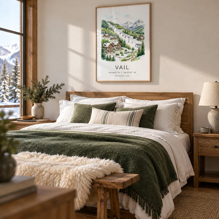 Vail Colorado Wall Art, framed on the wall of a calm alpine bedroom
