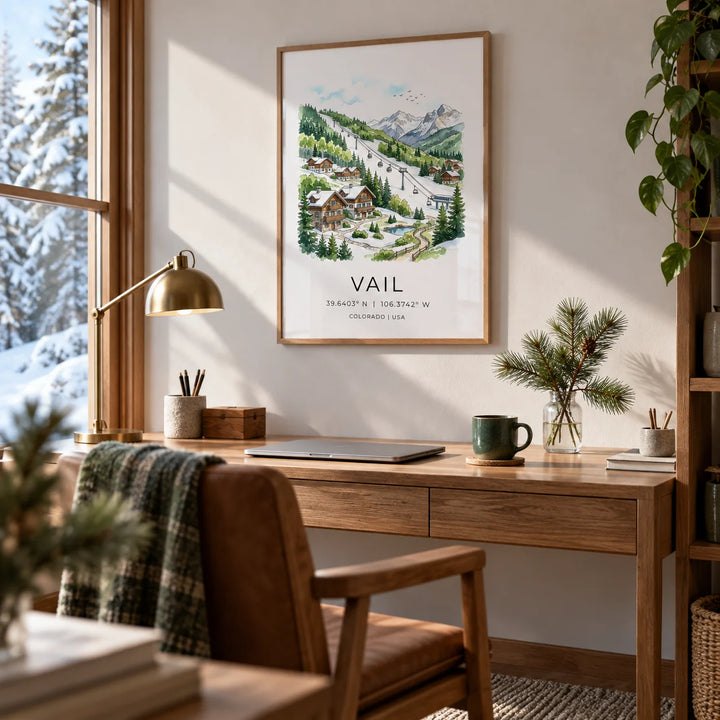 Vail Colorado Wall Art, framed on the wall of a calm home office with a window onto snowy trees