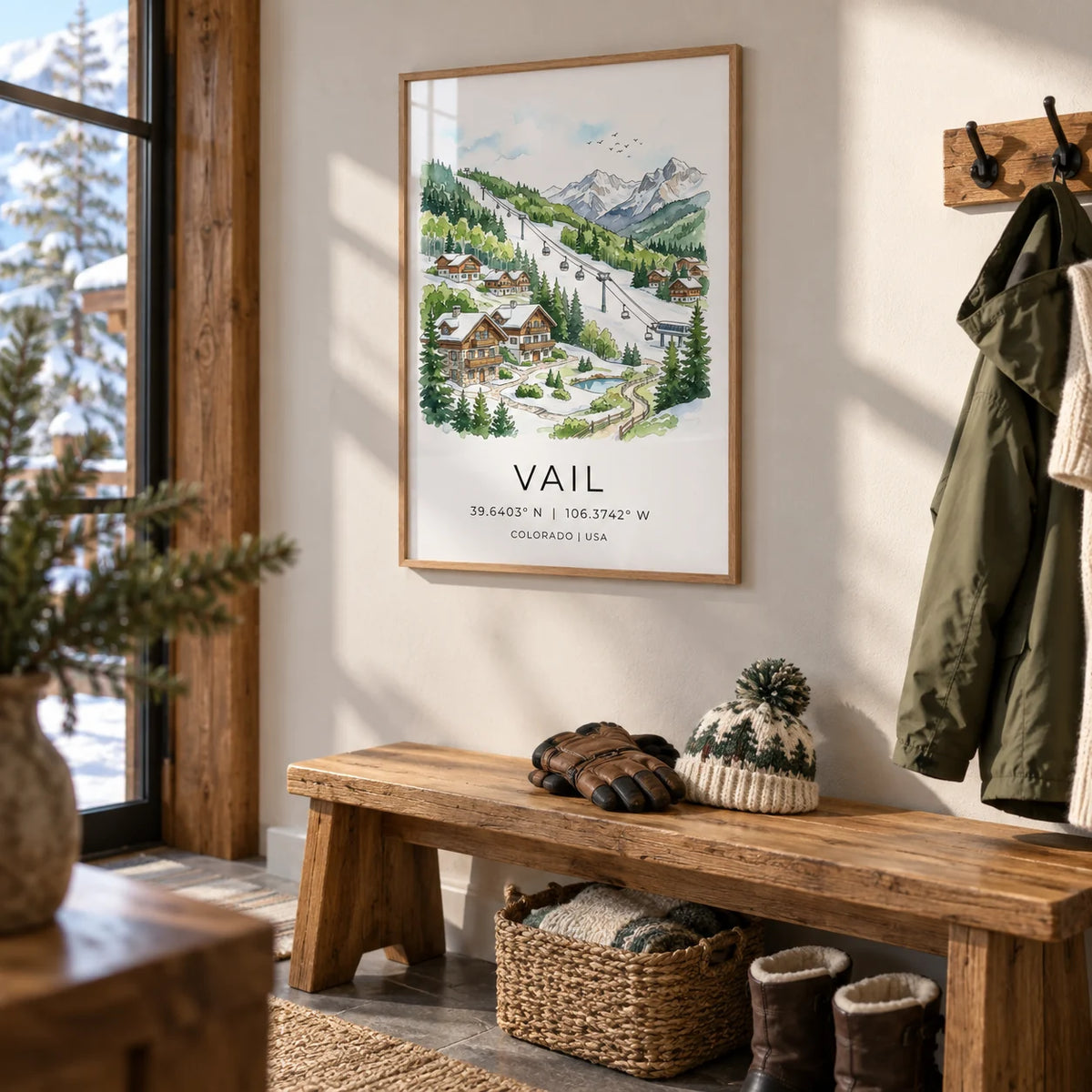 Vail Colorado Wall Art, framed on the wall of a mountain-style boot room hallway