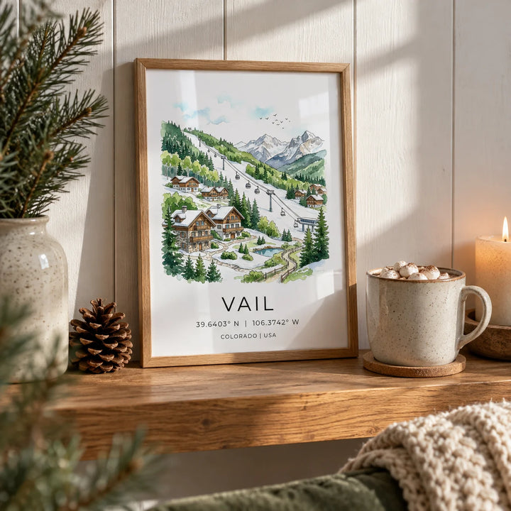 Vail Colorado Wall Art, a small A4 framed print leaning on an oak shelf in a living room