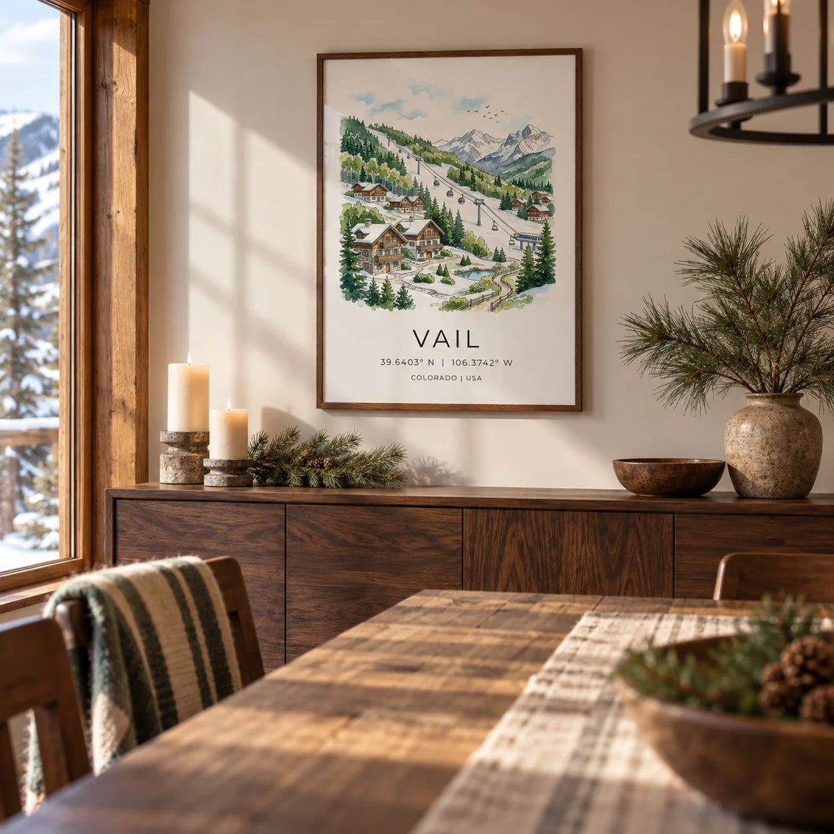 Vail Colorado Wall Art, framed on the wall of a warm cabin dining room