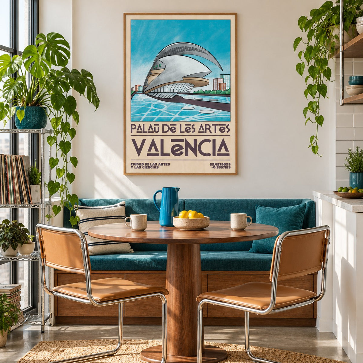 Valencia Architecture Print shown in a breakfast nook (frame not included)