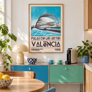 Valencia Architecture Print shown in a kitchen above a coffee station (frame not included)
