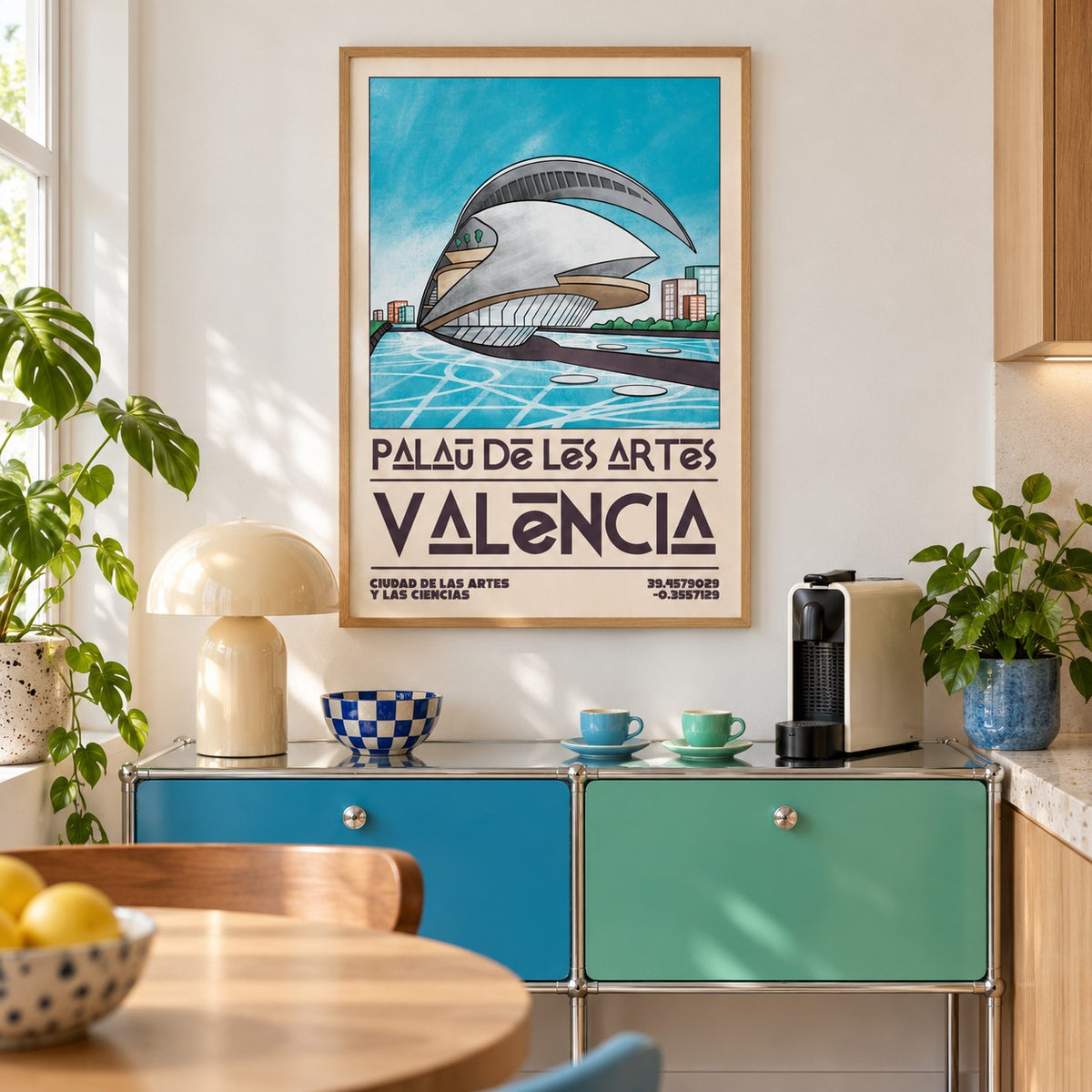 Valencia Architecture Print shown in a kitchen above a coffee station (frame not included)