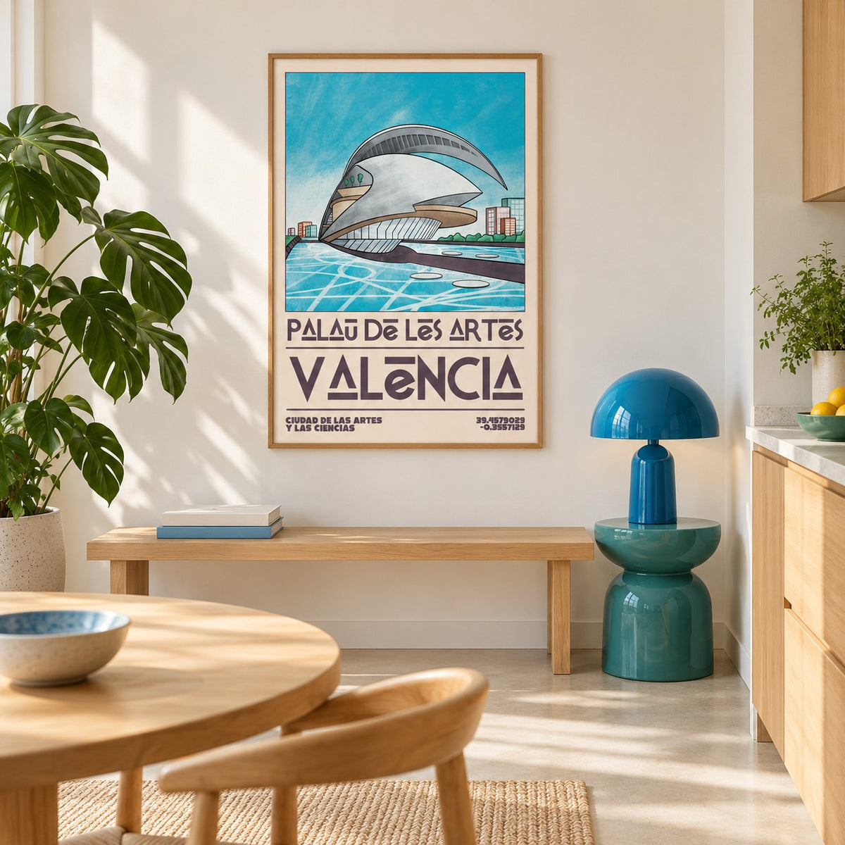 Valencia Architecture Print shown in a colourful minimalist room (frame not included)