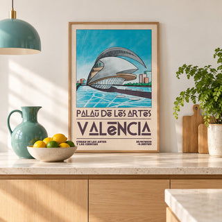 Valencia Architecture Print shown in a kitchen, leaning on the counter (frame not included)