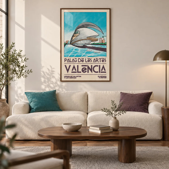 Valencia Architecture Print, framed on the wall of a modern living room in a UK city flat with a warm white wall