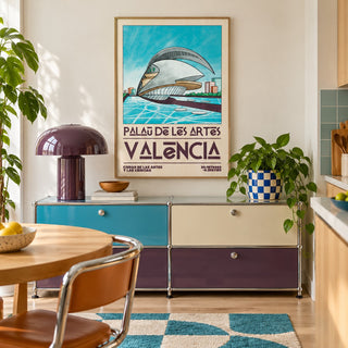 Valencia Architecture Print shown in a playful retro modern room (frame not included)