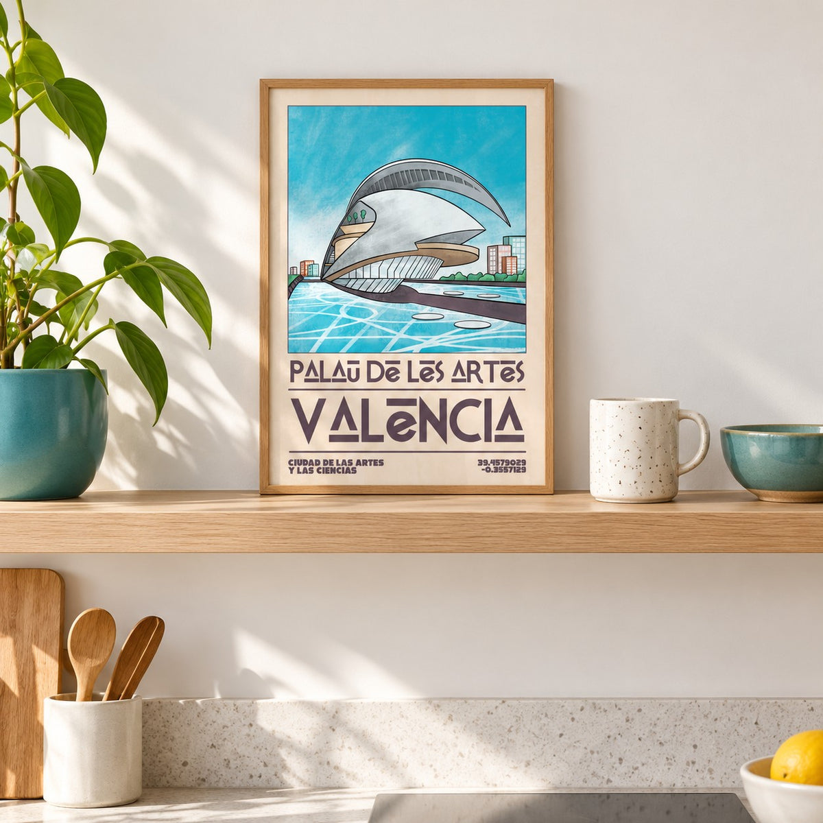 Valencia Architecture Print shown in the small A4 size on a kitchen shelf (frame not included)