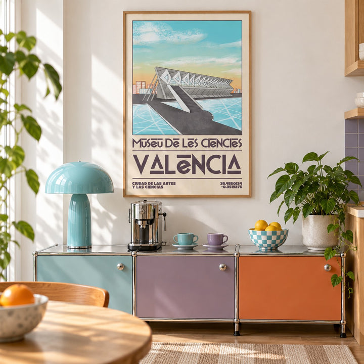 Valencia Art Print shown in a kitchen above a coffee station (frame not included)