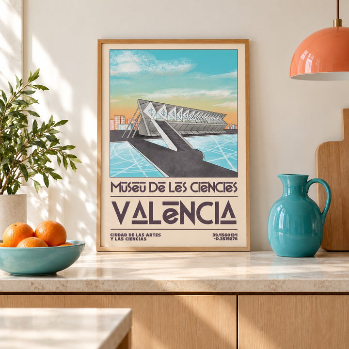 Valencia Art Print shown in a kitchen, leaning on the counter (frame not included)