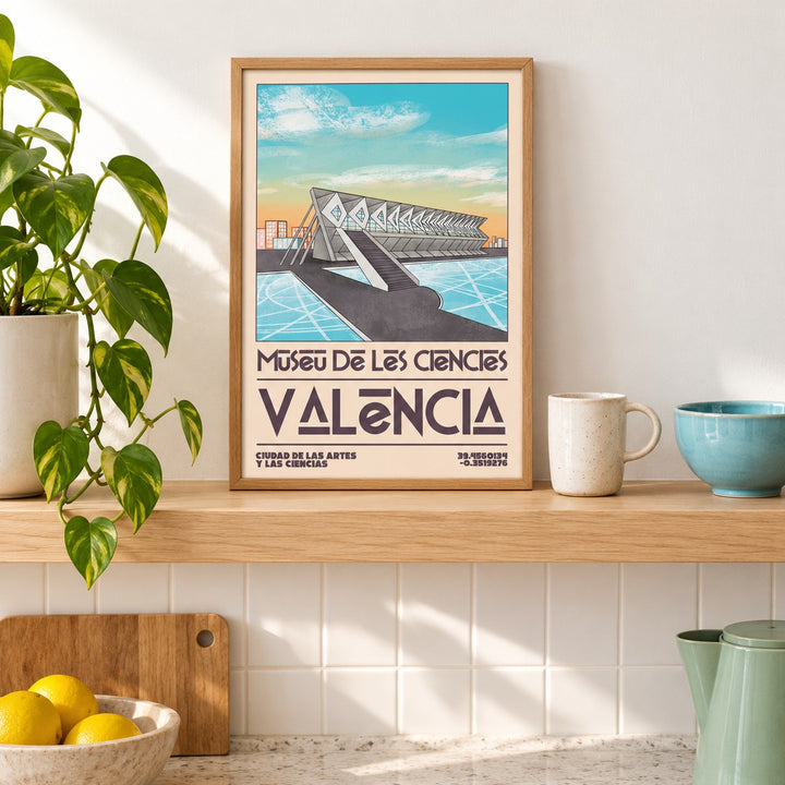 Valencia Art Print shown in the small A4 size on a kitchen shelf (frame not included)