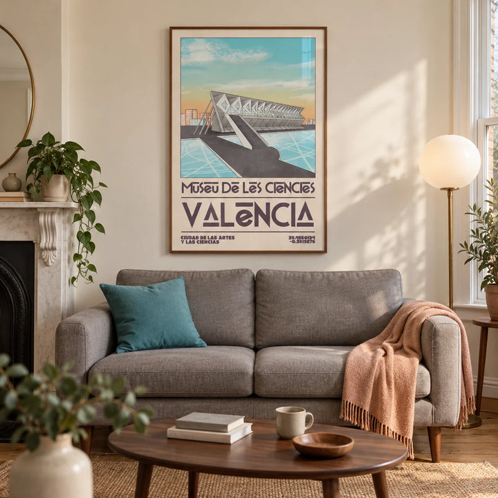 Valencia Art Print, framed on the wall of a warm modern living room in a UK Victorian terrace with cream plaster walls and oak floorboards