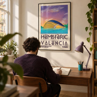 Valencia City Art Print, framed on the wall of a compact architecture enthusiast's study in a UK flat with an ivory wall and a plain oak floor