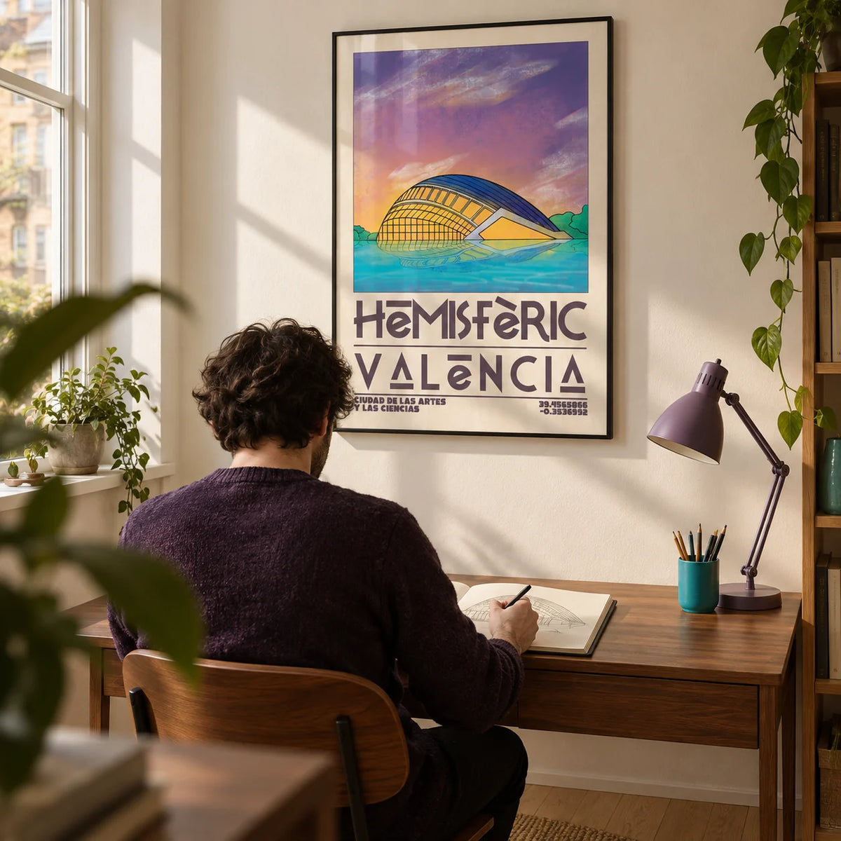 Valencia City Art Print, framed on the wall of a compact architecture enthusiast's study in a UK flat with an ivory wall and a plain oak floor