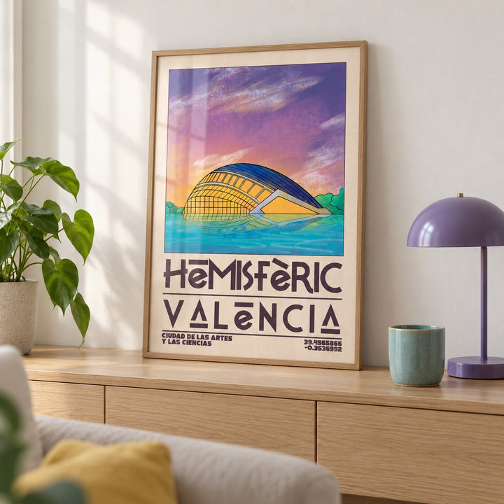 Valencia City Art Print shown in a living room, leaning on an oak console (frame not included)