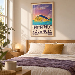 Valencia City Art Print, framed on the wall of a contemporary bedroom in a UK home with a warm off-white wall and simple oak furniture