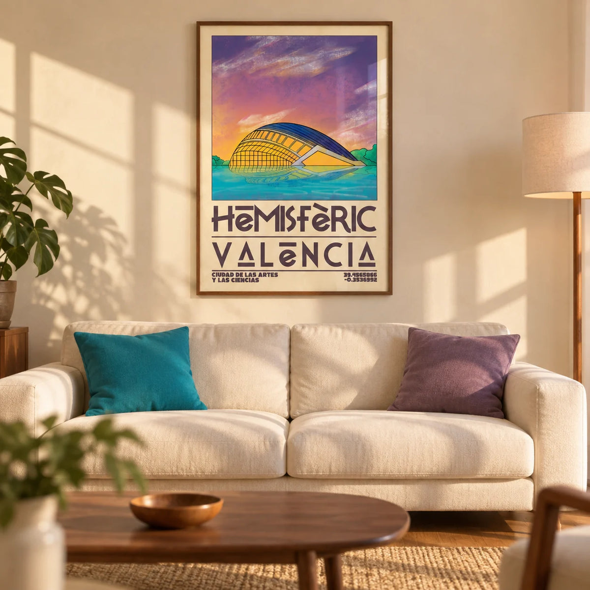 Valencia City Art Print, framed on the wall of a contemporary living room in a UK city flat with warm cream plaster walls and an oak floor