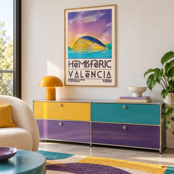 Valencia City Art Print shown in a playful retro modern room (frame not included)